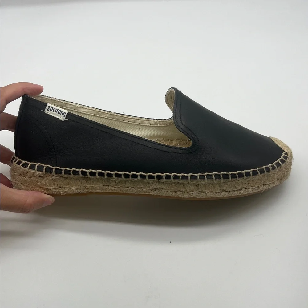 Soludos - Black Leather Espadrille Round Toe Smoking Platform Shoes Size 10